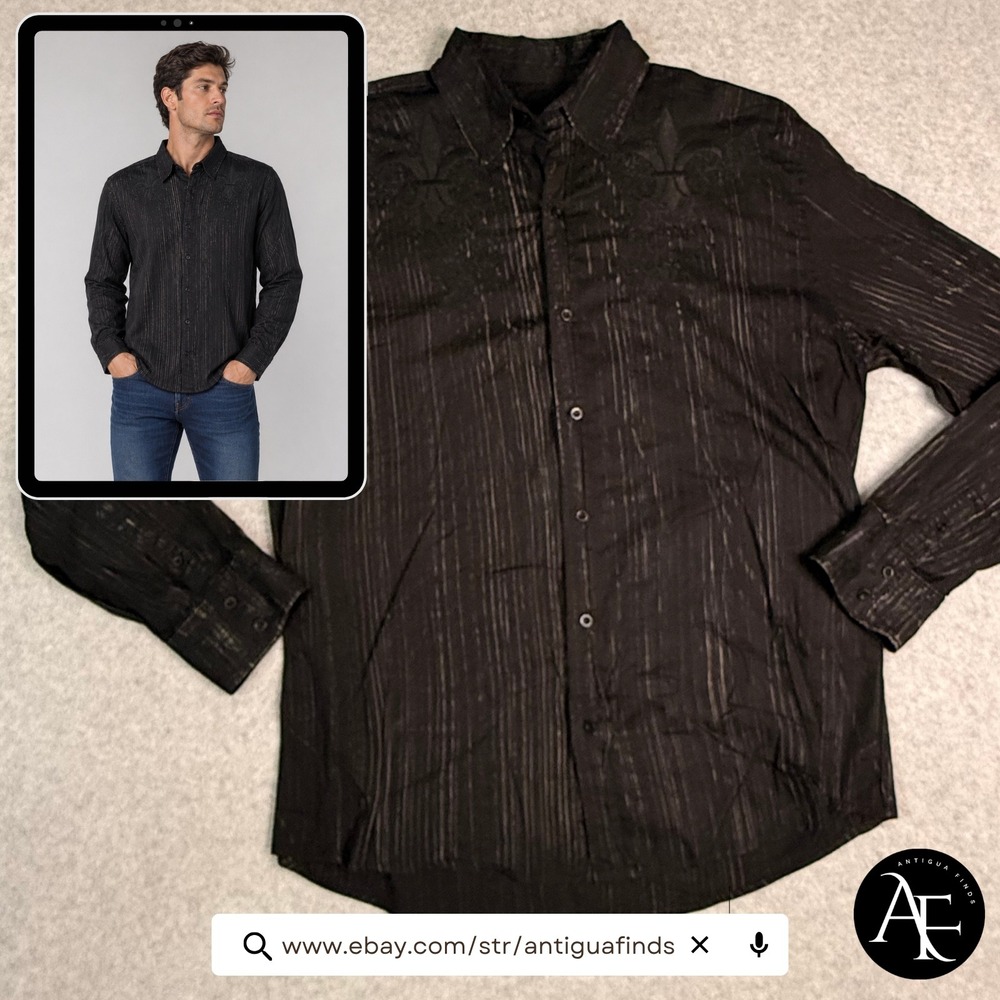 Roar Mens XL Black Distressed Stripe Embroidered Button Down Shirt W211268B